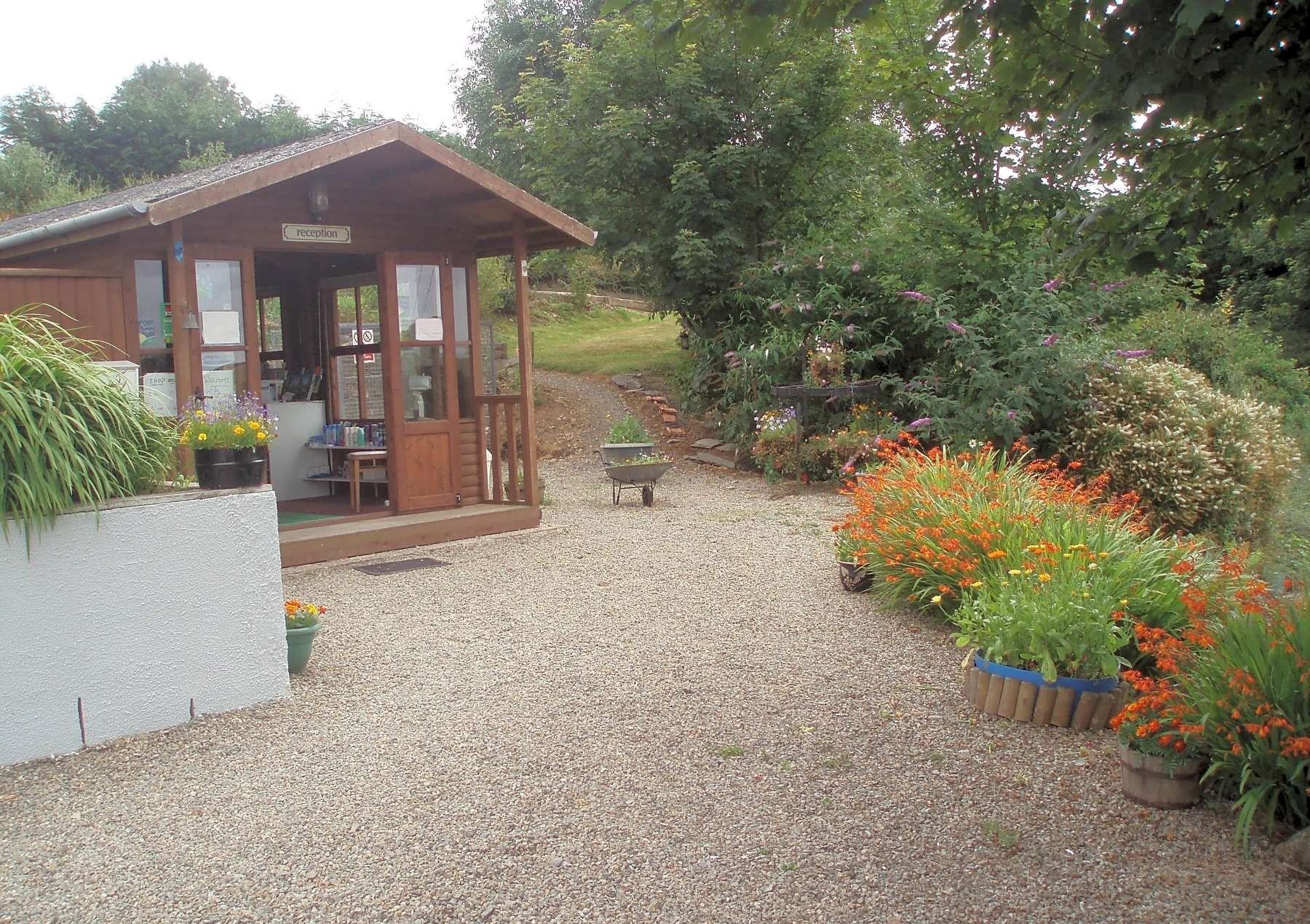 The wooden cabin and flower borders by the entrance at Gwaun Vale